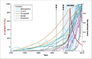 Figura 1. El gráfico de Steffen et al. (2015) muestra el violento salto desde mediados del siglo XX de los indicadores vinculados a variables como el incremento del cambio de uso de la tierra, del número de personas usando combustibles fósiles, entre otras.